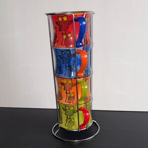 Pier 1 Owl Mugs Set With Metal Stand Hand Painted Stoneware